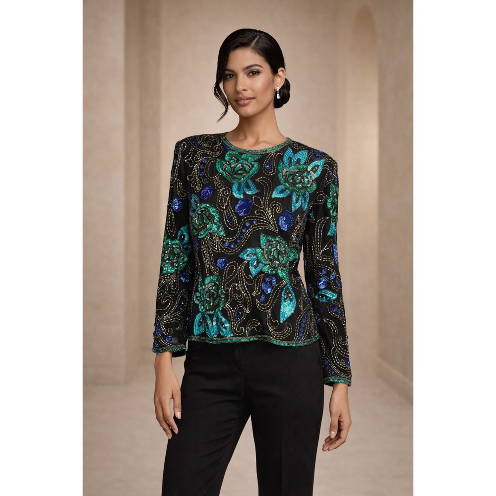 Vintage Scala Silk Beaded Sequin Top XL Art Deco Cocktail Glam Maximalist Resort